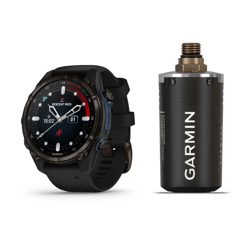 Descent Mk3i – 43 mm - Karbon Gri DLC Titanyum, Siyah Silikon Kayışlıve Descent T2 Transceiver resmi